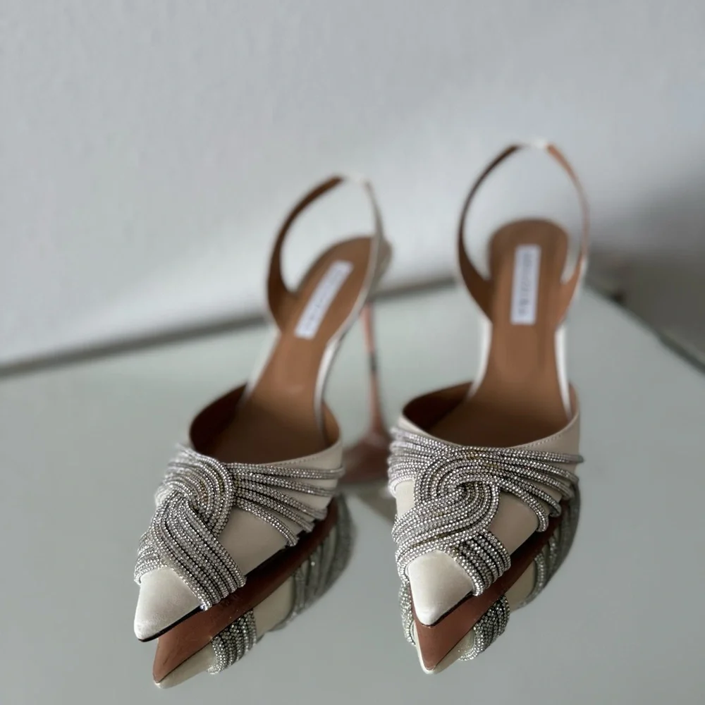 Worn once AQUAZZURA Gatsby 75 crystal-embellished satin slingback pumps - Picture 7 of 16